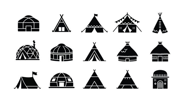Diverse collection of indigenous dwelling silhouettes native american homes yurts tents and traditional structures vector