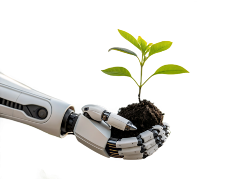 Robot Hand Holding a Sapling Symbolizing the Future of Sustainable Technology and Innovation with a Black Background for Emphasis
