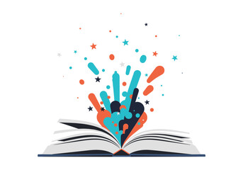 Unleash your imagination with this enchanting open book illustration bringing stories to life with explosions of color stars and splashes