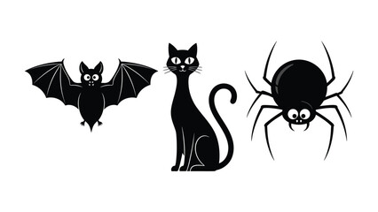 Halloween Creatures: A spooky arrangement of a black cat, bat, and spider in a simple illustration against a plain backdrop. 