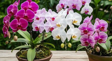A beautiful close-up shot showcasing several blooming orchid plants in various shades of pink and white, potted in rustic containers