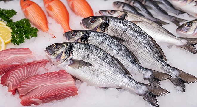 Fresh fish seafood market display: raw sea bream, tuna steaks, red snapper on ice for sale and cooking - Powered by Adobe