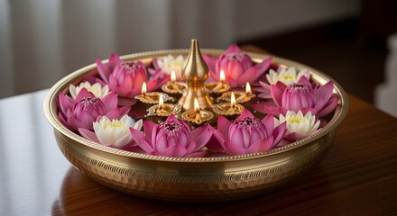 Lotus flowers arranged in brass uruli centerpiece with floating diya lamps.