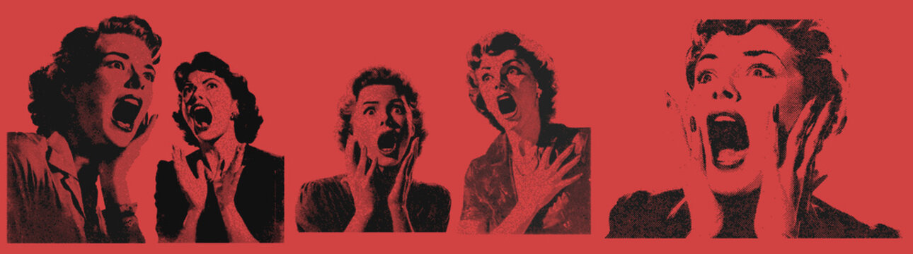 Set of vintage 1950s women screaming in fear, halloween horror halftone grunge vector design elements