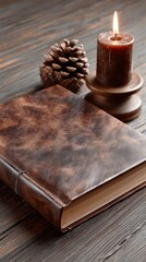 Hardcover journal mockup situated on rustic wooden table with candle and pinecone for cozy atmosphere