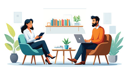 Business colleagues having a professional meeting in a modern office interior. Man and woman collaborating on a project or during a job interview. Flat vector illustration.