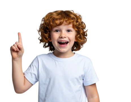 Playful Redhead Boy with Messy Hair Pointing Upward, Childhood Expression, Isolated Transparent Background PNG