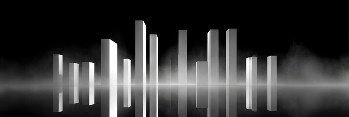 Monochromatic cityscape rendered in grayscale, featuring tall, slender structures reflected in a hazy, low-lit plane