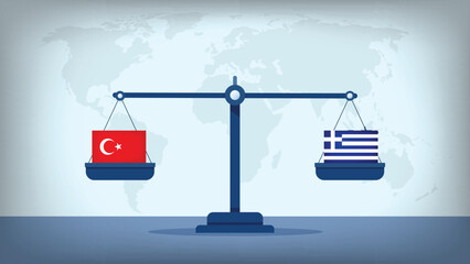Balance Scale with Greece vs Turkey Flags , International Relations and Global Trade Concept Vector