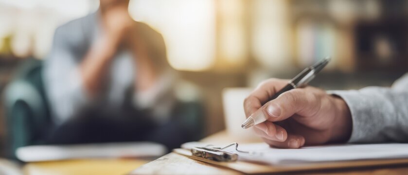 The hand holding a pen while taking notes in an office setting.