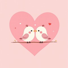 Cute birds in love, a sweet Valentine's Day illustration. Two adorable cartoon birds gently touching beaks within a large pink heart shape.