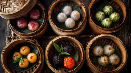 Chinese dim sum assortment in bamboo steamer baskets, natural light