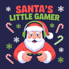 Santas little gamer vector, cheerful Santa with controller, headset, snow elements, fun holiday artwork, gamer Christmas illustration