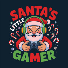Santas little gamer vector, Santa playing gamepad, headphones, snowflakes, cozy holiday design, gaming typography, cute festive illustration © BlackVault Designs