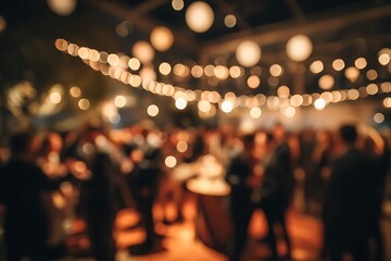 A lively, defocused shot captures the energy of a social event, with guests mingling under twinkling lights, adding a sense of movement and excitement.