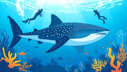 Obraz premium Whale Shark Encounter Divers Exploring Marine Life with a Gentle Giant Underwater