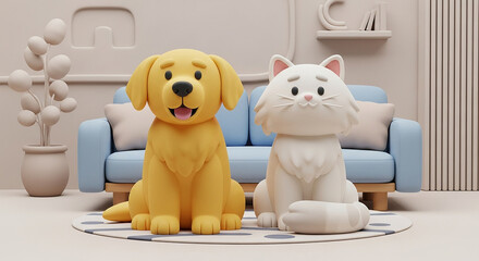 Adorable 3D Render of a Friendly Golden Dog and White Cat Companion Duo in a Cozy Room