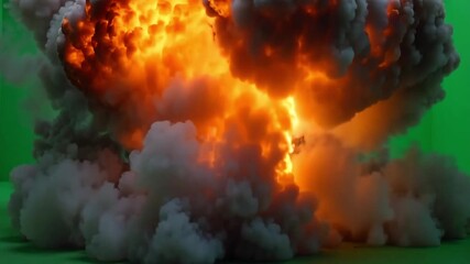 Intense fiery explosion erupts with dramatic smoke plumes against vibrant green screen background - Powered by Adobe