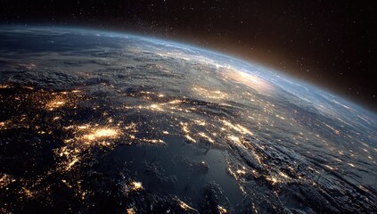 Earth's curve at sunrise, showcasing city lights and cloud formations against the dark expanse of space.  A blend of light and shadow, highlighting geographical details
