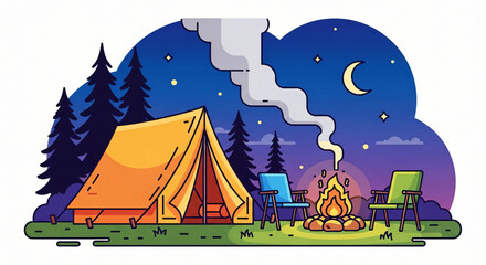 Cozy camping scene with a bright tent, campfire, and chairs under a starry night sky