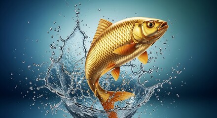 Golden fish jumping out of water splash illustration, aquatic life and animal wildlife concept art