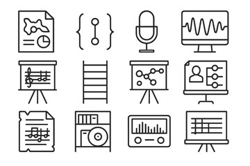 Musicology Tool Icons. Line style icons of academic musicology tools: ethnomusicology chart, interval measurement icon, acoustic