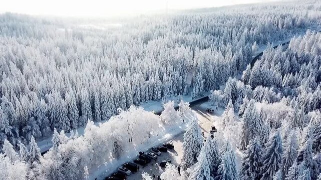 A drone video of the snow covered Harz Mountains