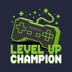 Level up champion vector, game controller with cable, pixel sparks, esports badge, neon green palette, retro gamer illustration © BlackVault Designs