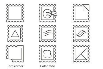 Stamp Condition Icons. Line style icons of stamp condition terms: mint stamp, used stamp with cancel, hinged stamp, never hinged