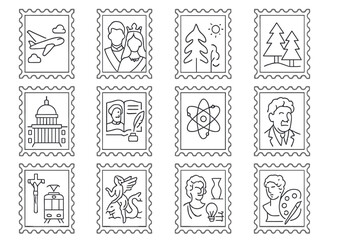 Stamp Icon Themes. Line style icons of stamp themes: aviation stamp, royal family stamp, nature series, historic event issue,
