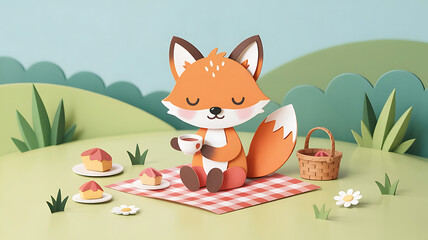 Charming Papercraft Fox Character Enjoying a Whimsical Picnic in a 3D Landscape.