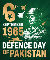 Illustration of Pakistan Defence Day, 6th September, Pakistan flag, a soldiers with rifle and helmet and Airforce craft.