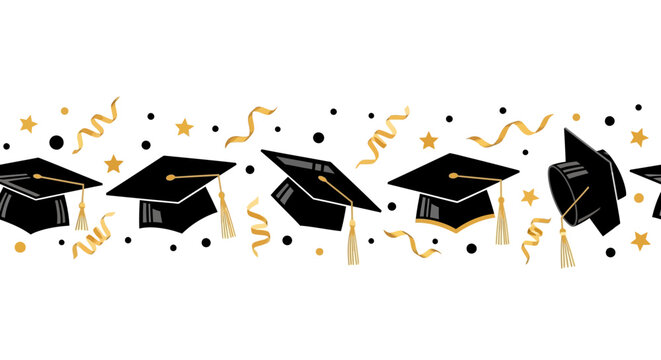 Festive graduation celebration seamless border with caps and confetti accents