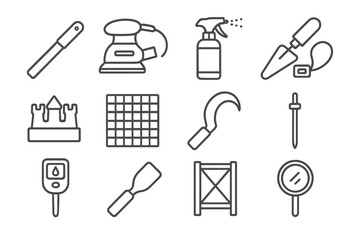 Sand Sculpting Tool Icons. Line style icons of advanced sand sculpting tools: precision edge file, electric detail sander, spray