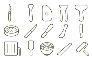 Antique Sculpting Tools. Line style icons of antique sculpting tools: clay modeling tool, loop tool, rib tool, wire cutter, sponge