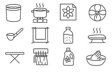 Textile Craft Icons. Line style icons of dyeing and finishing in weaving: indigo vat, dye pot on stove, resist dye stencil,