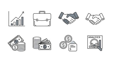 Business and finance icons set, vector illustration of money, handshake, briefcase, and analytics graph