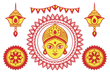 Golden Face With Red Sunburst And Floral Ornaments