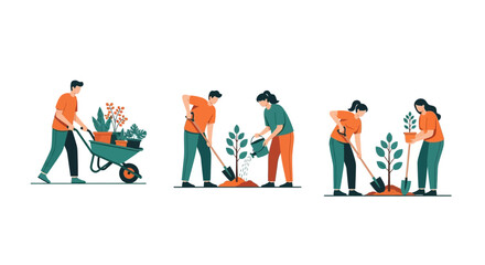 People engaging in planting trees and nurturing greenery, creating a