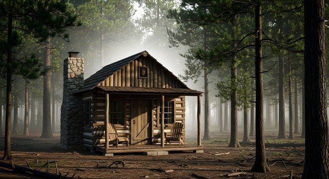 A cozy log cabin nestled in a dense forest with a stone chimney and wooden porch chairs visible