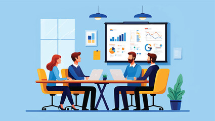 Team Meeting Business Strategy Discussion & Data Analysis Vector Illustration