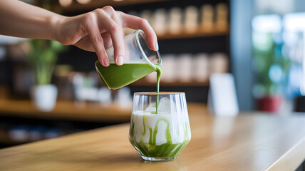 Hand pouring vibrant green matcha tea with ice into a clear glass on a wooden counter