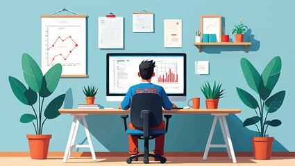 Vector illustration of a man working from a modern home office. Freelancer analyzing business data graphs on a computer monitor.