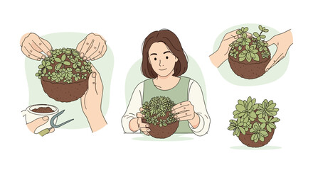 Illustrated woman making kokedama, ball of moss with plant tutorials guide