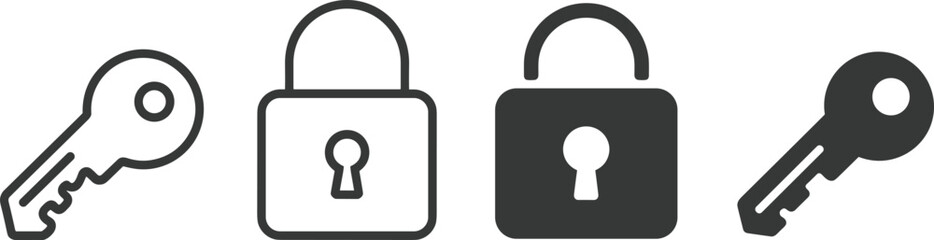 Key and lock icons, security symbols, access control, locked padlock, unlock symbol, safety concept, secure access, keyhole graphics, protection icons, 