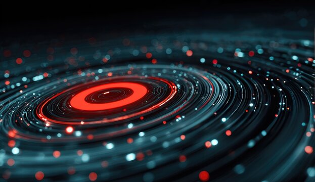 Glowing red ring at center of swirling, dark teal particle trails, creating a mesmerizing, cosmic effect