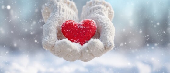 The heart held gently in warm gloves amidst a snowy winter landscape.