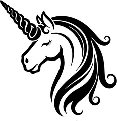 A black elegant unicorn silhouette vector illustration with flowing mane and spiral horn. The design features a graceful, mythical unicorn head in flat vector style on a light gradient background