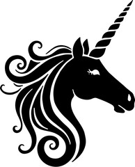 A black elegant unicorn silhouette vector illustration with flowing mane and spiral horn. The design features a graceful, mythical unicorn head in flat vector style on a light gradient background