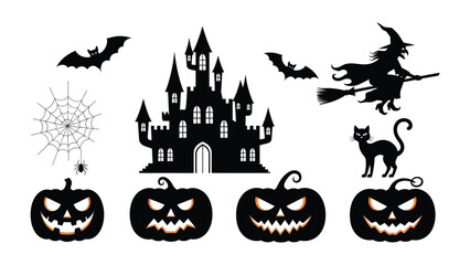 Spooky Halloween Collection: A collection of eerie Halloween icons, including a spooky castle, flying bat, wicked witch, spooky pumpkin, and a black cat.
